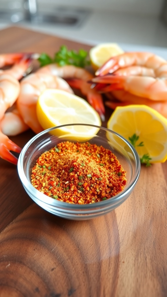 A bowl of shrimp seasoning blend with shrimp and lemon wedges on a wooden table.